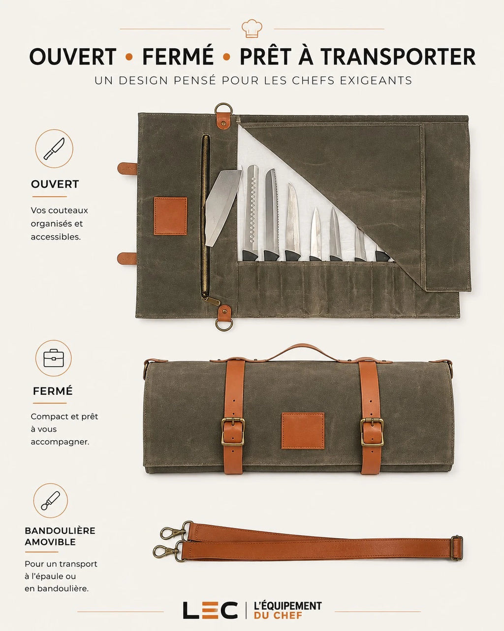 Sac à couteaux en toile cirée – 10 emplacements
