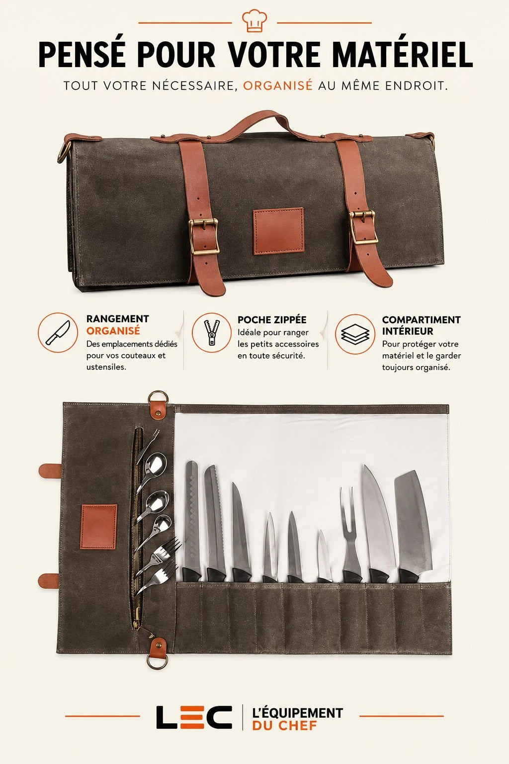 Sac à couteaux en toile cirée – 10 emplacements